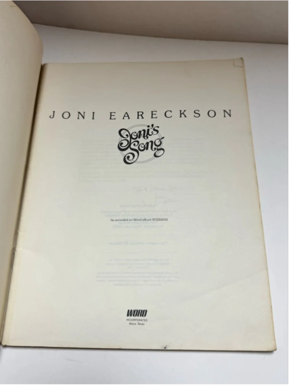 Joni Eareckson Joni's Song Music Book 1982 Inspirational